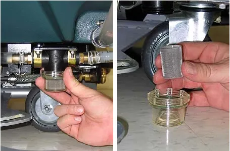 Solution tank filter under the machine, and the filter screen removed for rinsing