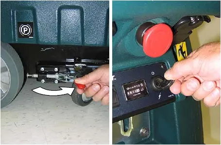 Releasing the parking brake lever and turning the key switch to the on position