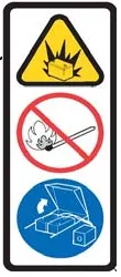 Battery charge label: fire or explosion hazard, no sparks or open flame, keep battery compartment open when charging