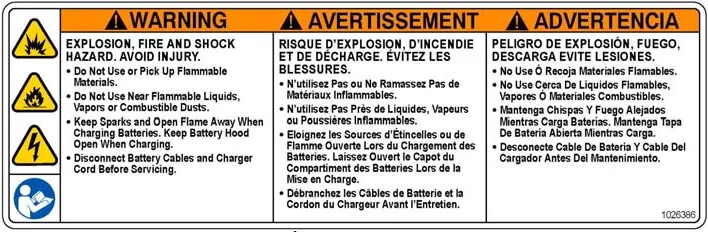 Warning label in English, French and Spanish: explosion, fire and shock hazard, do not use or pick up flammable materials, keep sparks and open flame away when charging, disconnect battery cables and charger cord before servicing
