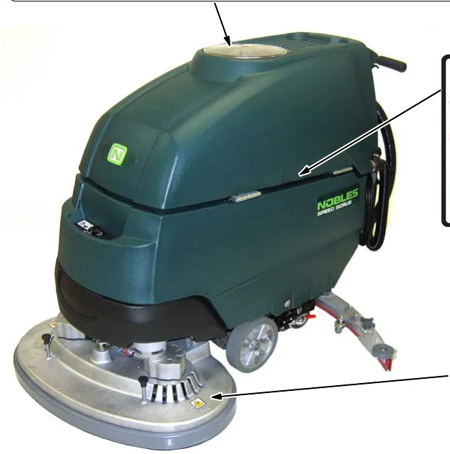 Nobles Speed Scrub with arrows showing where the warning label, battery charge label and spinning brush label are located