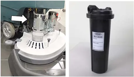 Location of the water conditioning cartridge behind the right side brush motor, and the black cartridge itself