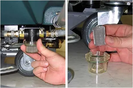 Solution tank filter under the machine, and the filter screen removed for rinsing