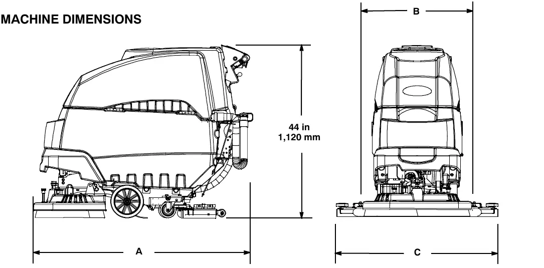 Machine dimension drawings: side view with length A and height 44 in (1,120 mm), and front view with width B and squeegee width C