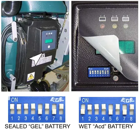 On-board charger with the display label peeled up to show the eight-switch DIP block, and the DIP switch positions for a sealed