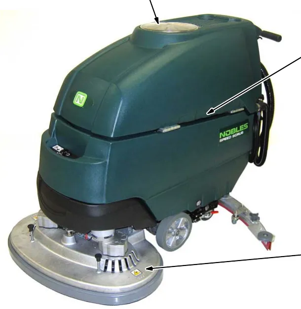 Speed Scrub machine; arrows point to the locations of the warning label on the recovery tank cover, the battery charge label on the bottom side of the recovery tank and the spinning brush label on the scrub head.