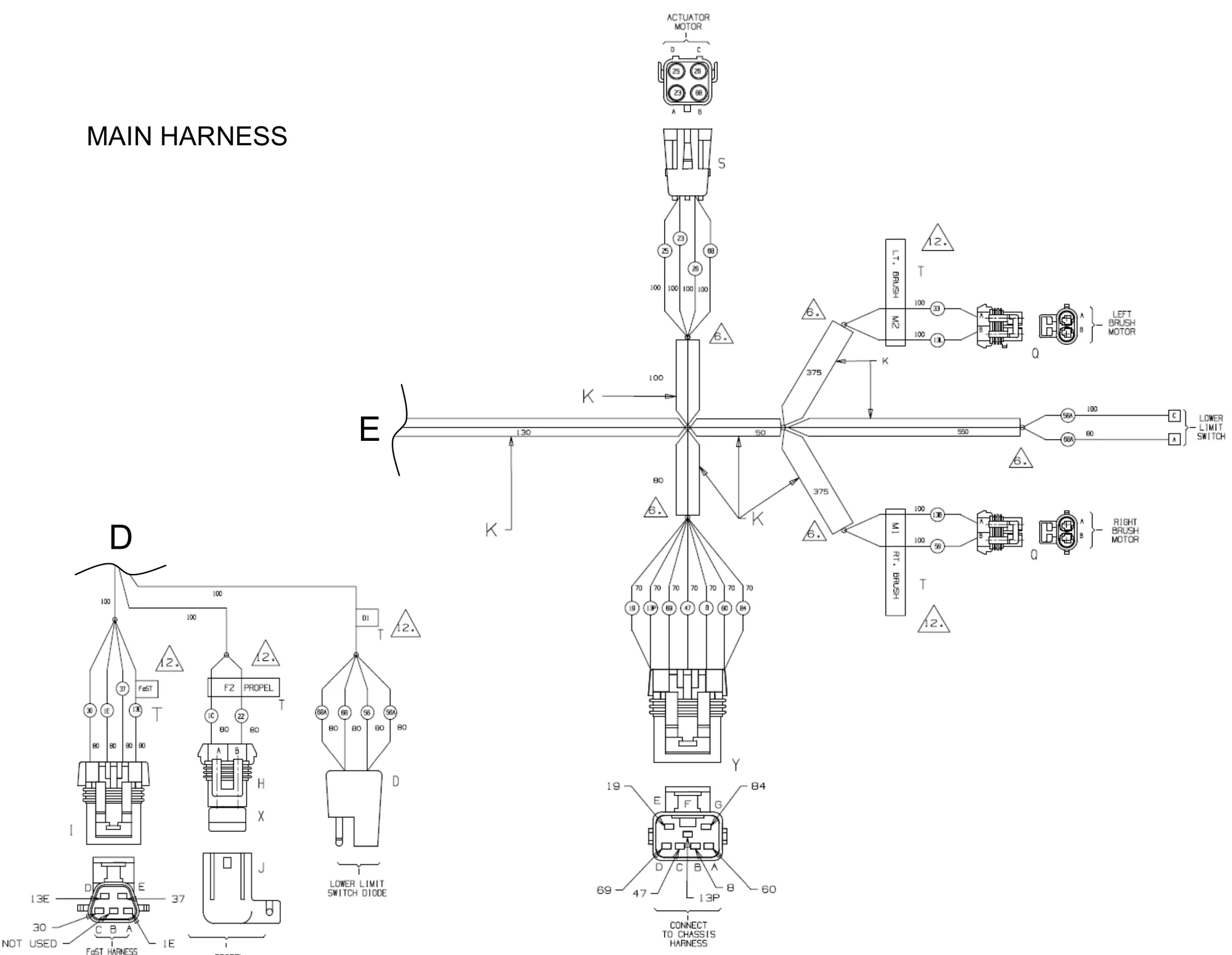 Main harness, page 4 of 6: lower limit switch, left and right brush motors, actuator motor, connector to chassis harness, lower limit switch diode, propel fuse F2 and FaST harness connection, with wire numbers and lengths. Continued from D and E.
