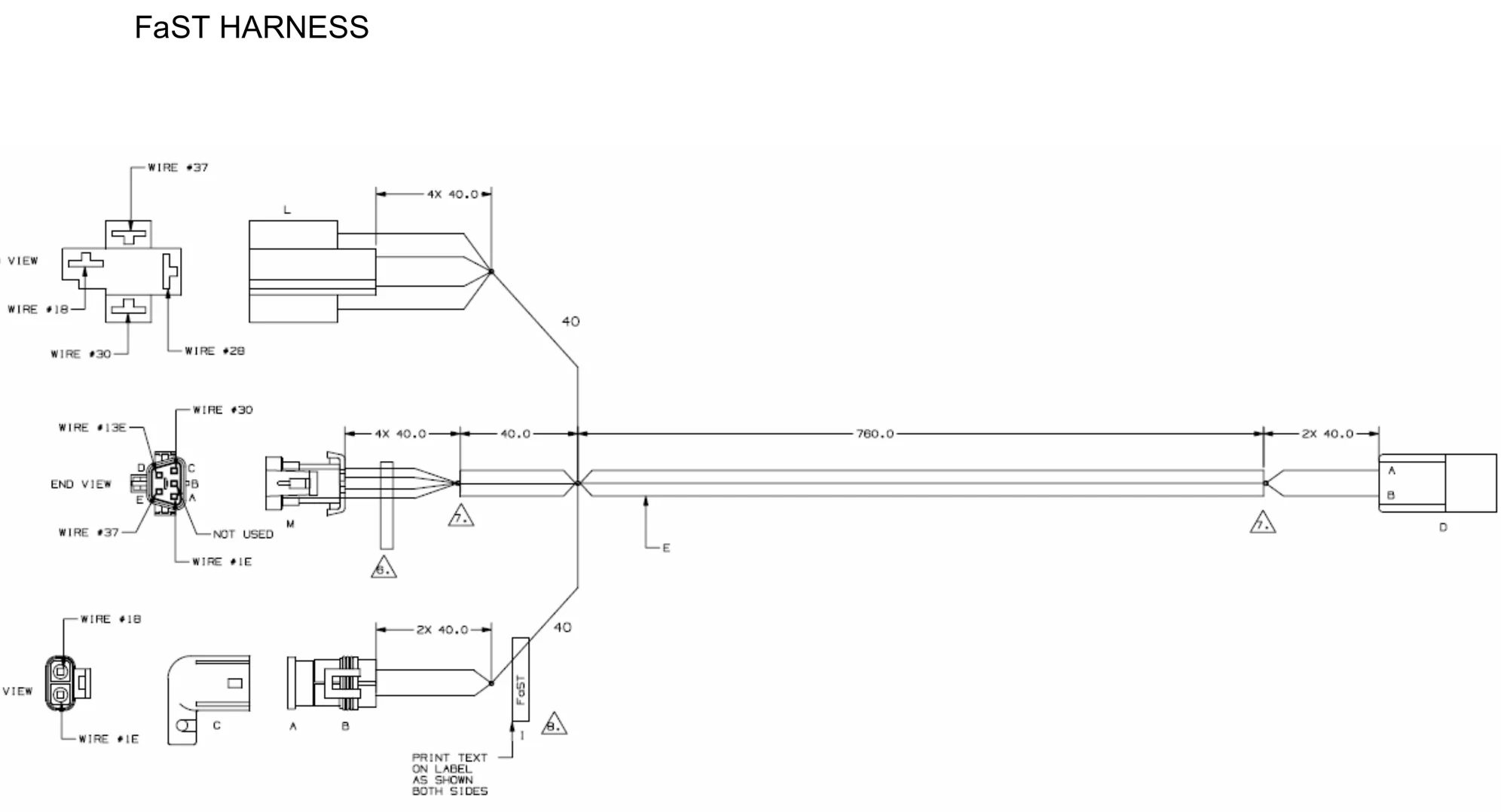 FaST harness, page 6 of 6: connector D, connectors L and M, the FaST label and the end views of the connectors showing wires 37, 28, 30, 18, 1E, 13E and the not-used position. Dimensions are shown in the drawing.