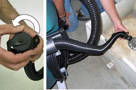 Turning the drain hose cap and draining the recovery tank into a floor drain