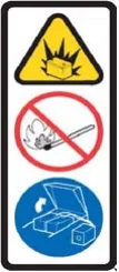 Battery charge label: fire or explosion hazard symbol, no sparks or flame symbol, and keep battery compartment open symbol.