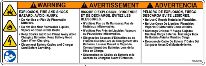 Warning label 1026386 on the recovery tank cover: explosion, fire and shock hazard, avoid injury. Do not use or pick up flammable materials. Do not use near flammable liquids, vapors or combustible dusts. Keep sparks and open flame away when charging batteries. Keep battery hood open when charging. Disconnect battery cables and charger cord before servicing. Shown in English, French and Spanish.