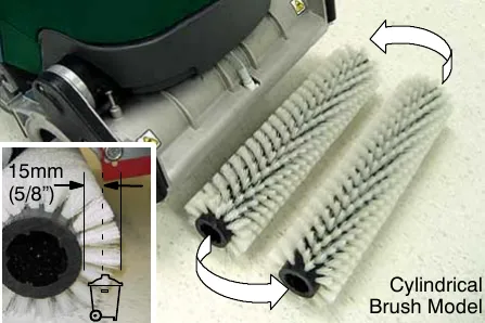 Cylindrical brushes being swapped front to rear; inset shows a worn brush length of 5/8 in (15 mm)
