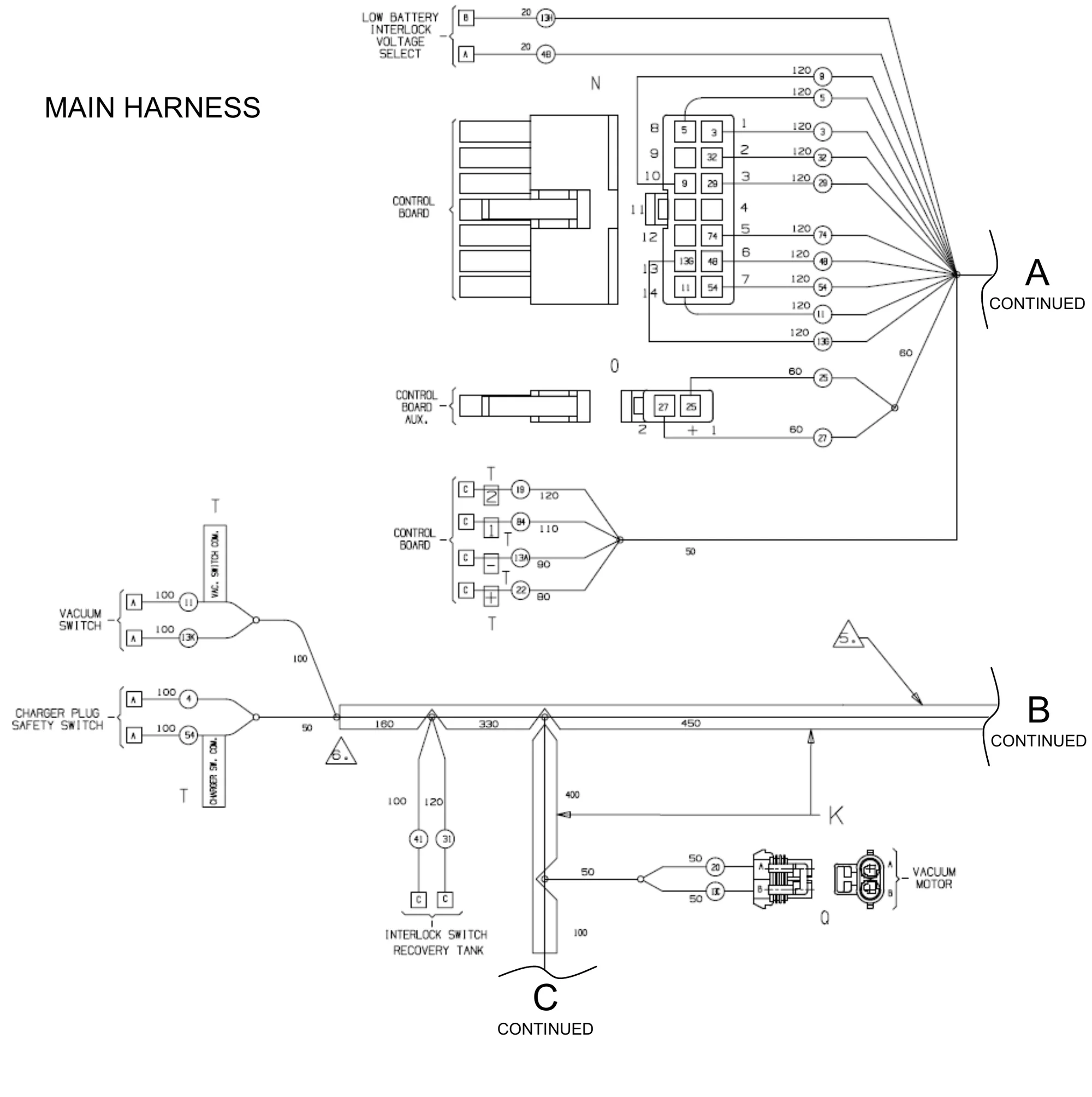 Main harness, page 1 of 6: control board connectors, control board auxiliary connector, low battery interlock voltage select, vacuum motor connector, recovery tank interlock switch, vacuum switch and charger plug safety switch, with wire numbers and lengths. The harness continues at points A, B and C.