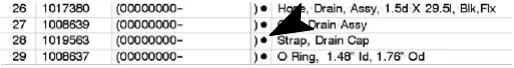 Example parts list rows with a bullet before the description marking stock items: 26 hose assy drain, 27 drain assy, 28 strap drain cap, 29 O-ring.