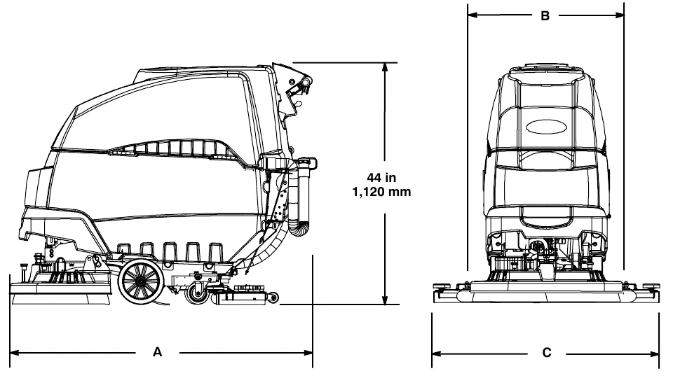 Side and front drawings of the machine showing dimensions A (overall length), B (width of the machine body) and C (squeegee width), and a height of 44 in (1,120 mm).