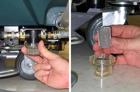 Solution tank filter removed from underneath the machine and its screen rinsed