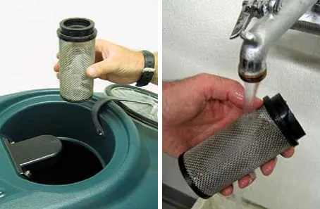 Removing the recovery tank float shut-off screen and rinsing it under a tap
