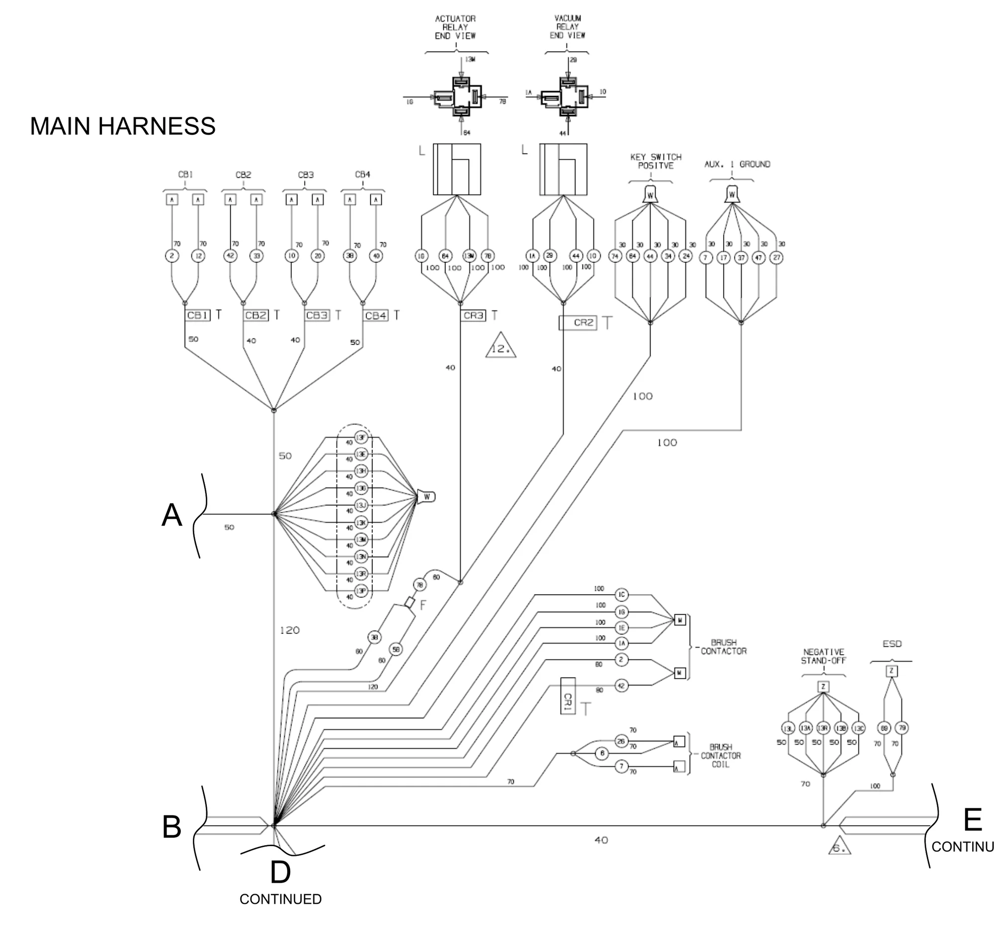 Main harness, page 3 of 6: circuit breakers CB1 to CB4, actuator relay CR3, vacuum relay CR2, key switch positive, auxiliary ground, brush contactor CR1 and its coil, negative stand-off and ESD, with wire numbers and lengths. Continues at points A, B, D and E.