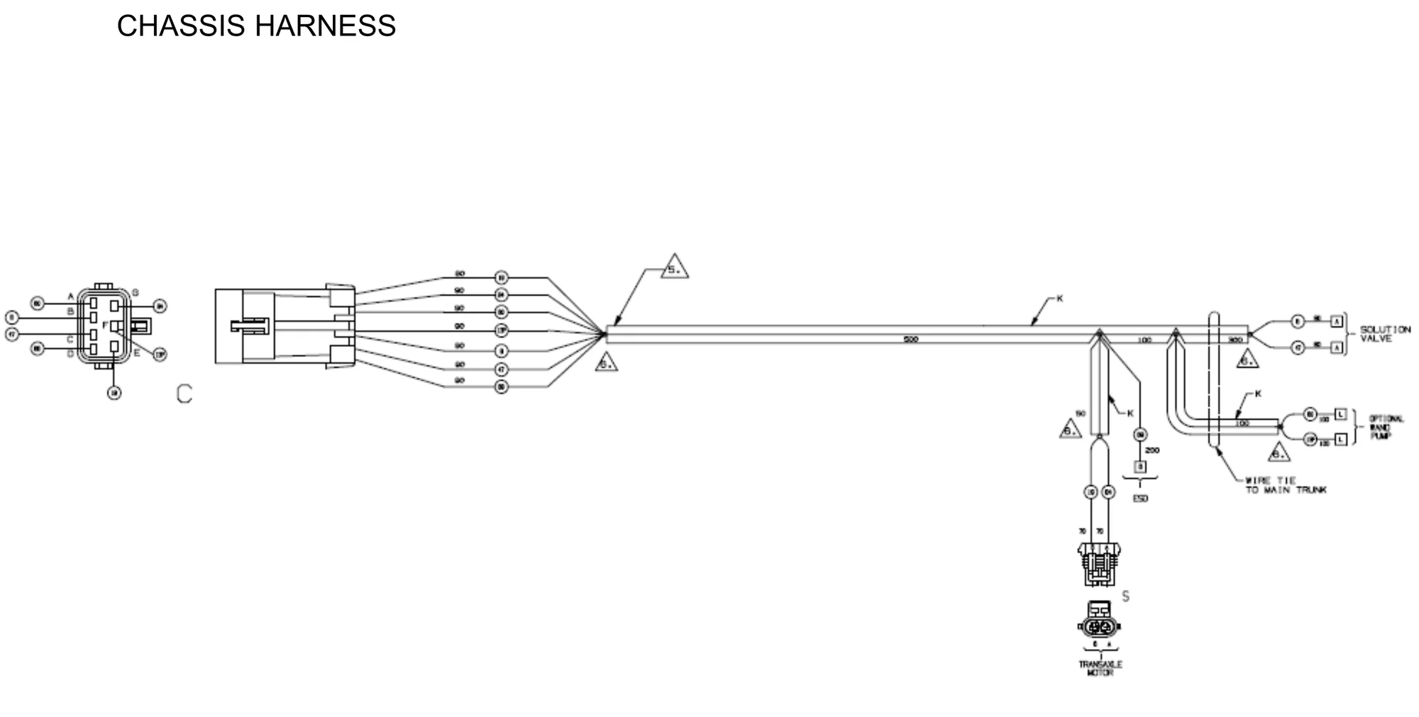 Chassis harness, page 5 of 6: solution valve, optional wand pump, ESD, transaxle motor, wire tie to main trunk, and the connector that joins to the main harness (connector C), with wire numbers and lengths.