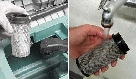 Float shut-off screen lifted out and rinsed under a tap