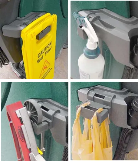 Accessory clips on the rails holding a wet floor sign, a spray bottle, the squeegee assembly and debris bags