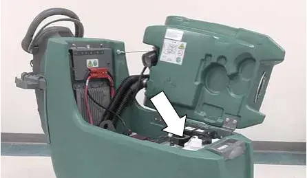 Recovery tank lifted to reach the ec-H2O water conditioning cartridge, arrow pointing at it