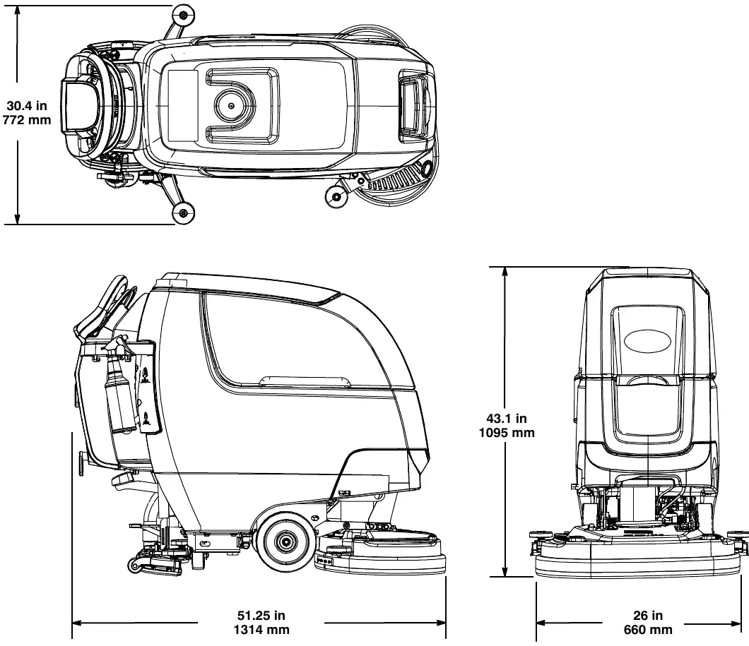 Dimension drawing of the dual disk model: top view width 30.4 in (772 mm); side view length 51.75 in (1314 mm), height 43.1 in (1095 mm); rear view width 26 in (660 mm)