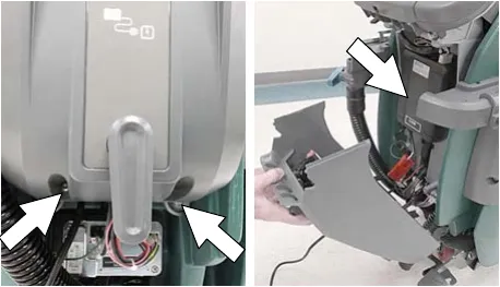 Two screws at the bottom of the control console, arrows pointing at them, and the console cover removed