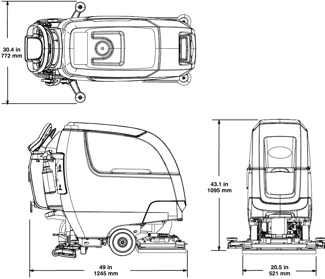 Dimension drawing of the orbital pad model: top view width 30.4 in (772 mm); side view length 49 in (1245 mm), height 43.1 in (1095 mm); rear view width 20.5 in (521 mm)