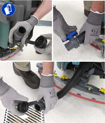 Draining the recovery tank: removing the drain hose cap, opening the flow control valve, and lowering the hose over a floor drain