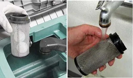 Float shut-off screen lifted from the recovery tank and rinsed under a tap