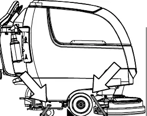 Machine loaded on a trailer with arrows showing the tie-down strap positions at the front and rear of the frame