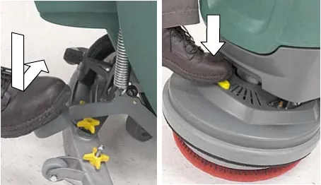 Pressing the yellow plunger button with the foot or by hand to drop the pad to the floor