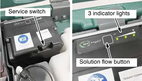 ec-H2O module with the service switch, the three indicator lights and the solution flow button labeled