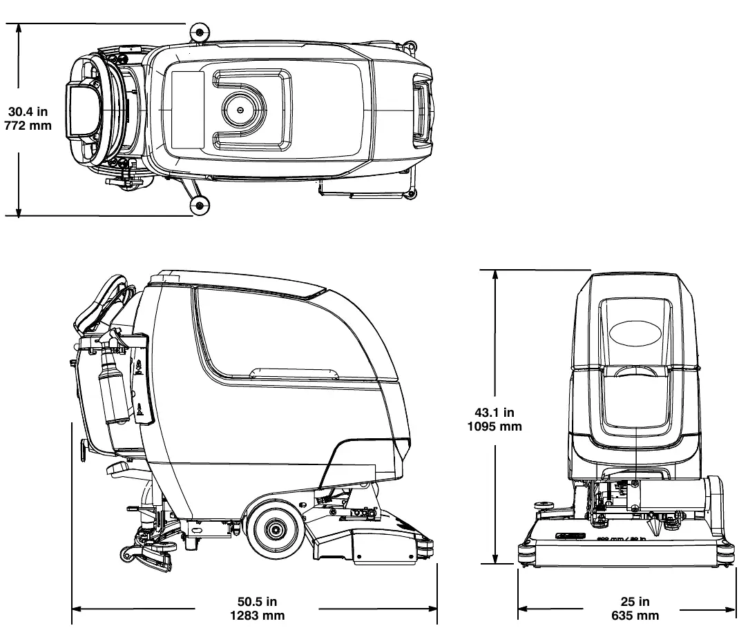 Dimension drawing of the cylindrical brush model: top view width 30.4 in (772 mm); side view length 50.5 in (1283 mm), height 43.1 in (1095 mm); rear view width 25 in (635 mm)