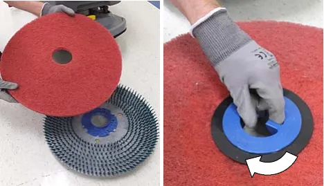 Pad being attached to the pad driver and secured with the centerlock, arrow showing turn direction