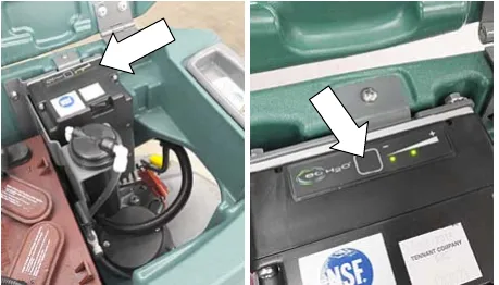 ec-H2O module in the battery compartment, and arrow to the solution flow button on the module