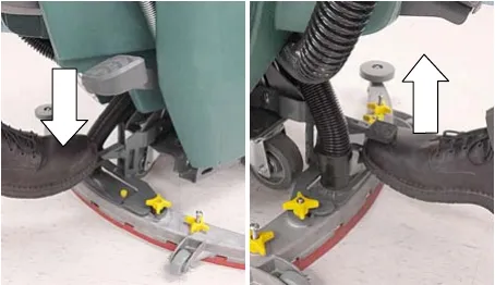 Foot pushing the squeegee foot pad down to lower the squeegee, and toe lifting it to raise the squeegee