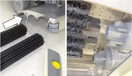 Cylindrical brushes being slid into the scrub head, with a close view of the slotted brush ends in the drive hubs