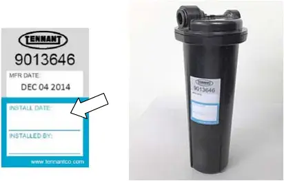 Cartridge label with the install date line marked by an arrow, and the whole cartridge