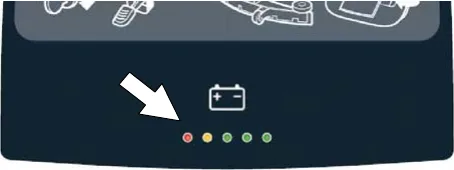 Battery discharge indicator lights on the control panel, arrow pointing at them