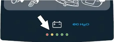 Battery discharge indicator with five lights: one red, one yellow and three green