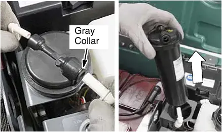 Hose connectors on top of the cartridge with the gray collar labeled, and the cartridge being lifted out