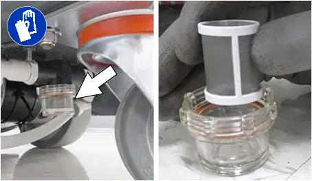 Solution tank filter bowl under the machine, arrow pointing at it, and the filter screen in the bowl