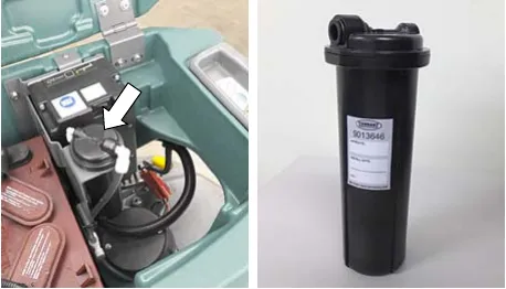Water conditioning cartridge in the battery compartment area, arrow pointing at it, and the cartridge by itself with its date label