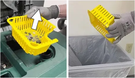 Optional debris tray lifted out of the recovery tank and emptied into a bin, arrow showing the lift