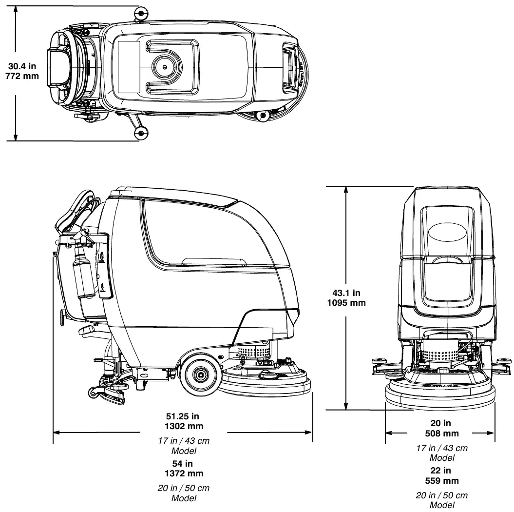 Dimension drawing of the single disk model: top view width 30.4 in (772 mm); side view length 51.25 in (1302 mm) for the 17 in model and 54 in (1372 mm) for the 20 in model, height 43.1 in (1095 mm); rear view width 20 in (508 mm) for the 17 in model and 22 in (559 mm) for the 20 in model