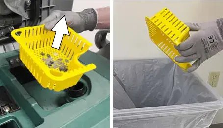 Debris tray lifted out and emptied into a bin