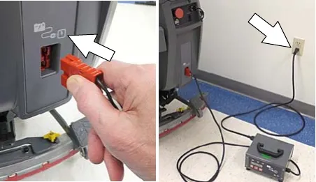 Off-board charger DC cord plugged into the machine battery charge receptacle, and the AC cord plugged into a wall outlet