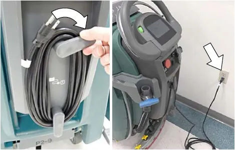 Charger power cord being lifted off the storage hooks, and the cord plugged into a wall outlet
